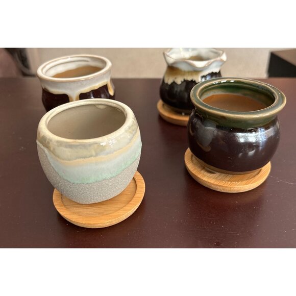 Rustic Ceramic Candle Holders Set Of 4 Bamboo Coasters - Unique Glaze Designs Sm - Picture 7 of 7